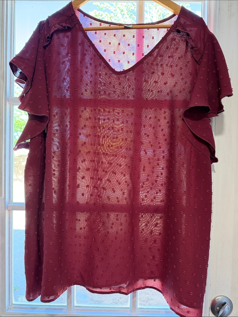 SHEIN Burgundy Semi-Sheer V-Neck Ruffle Sleeve Blouse